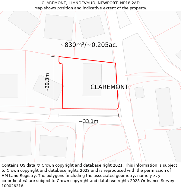 CLAREMONT, LLANDEVAUD, NEWPORT, NP18 2AD: Plot and title map