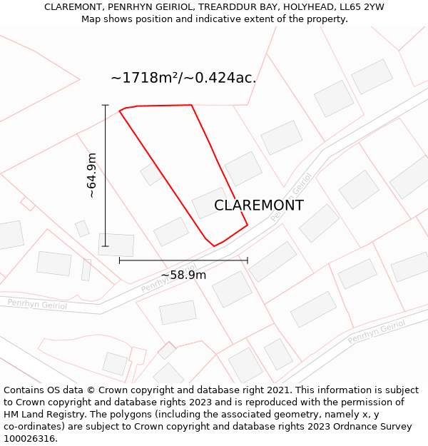 CLAREMONT, PENRHYN GEIRIOL, TREARDDUR BAY, HOLYHEAD, LL65 2YW: Plot and title map