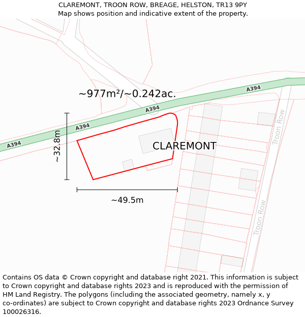 CLAREMONT, TROON ROW, BREAGE, HELSTON, TR13 9PY: Plot and title map