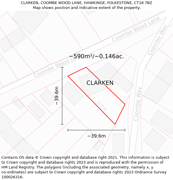 CLARKEN, COOMBE WOOD LANE, HAWKINGE, FOLKESTONE, CT18 7BZ: Plot and title map