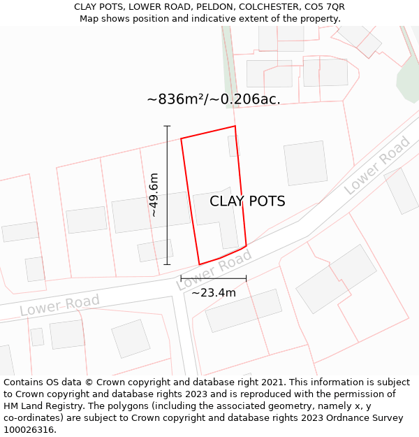 CLAY POTS, LOWER ROAD, PELDON, COLCHESTER, CO5 7QR: Plot and title map
