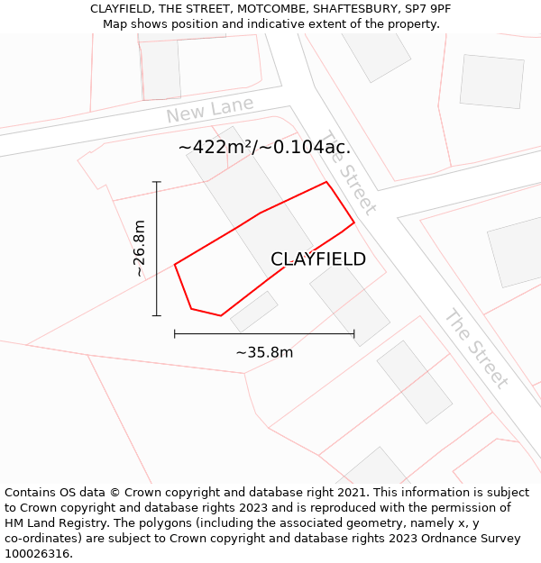 CLAYFIELD, THE STREET, MOTCOMBE, SHAFTESBURY, SP7 9PF: Plot and title map
