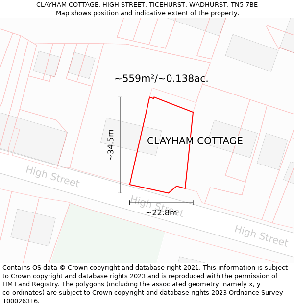 CLAYHAM COTTAGE, HIGH STREET, TICEHURST, WADHURST, TN5 7BE: Plot and title map