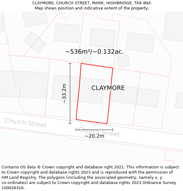 CLAYMORE, CHURCH STREET, MARK, HIGHBRIDGE, TA9 4NA: Plot and title map