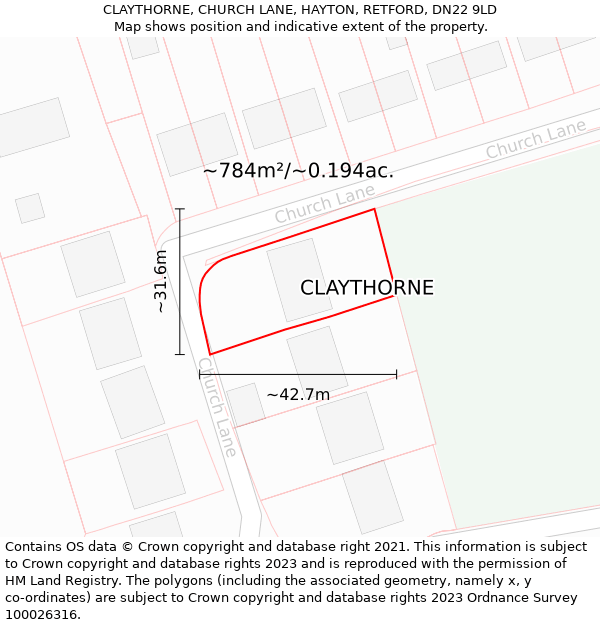 CLAYTHORNE, CHURCH LANE, HAYTON, RETFORD, DN22 9LD: Plot and title map