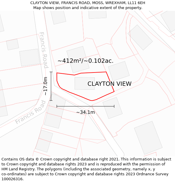 CLAYTON VIEW, FRANCIS ROAD, MOSS, WREXHAM, LL11 6EH: Plot and title map