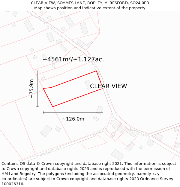 CLEAR VIEW, SOAMES LANE, ROPLEY, ALRESFORD, SO24 0ER: Plot and title map