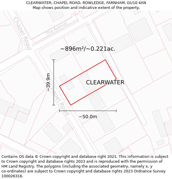 CLEARWATER, CHAPEL ROAD, ROWLEDGE, FARNHAM, GU10 4AN: Plot and title map