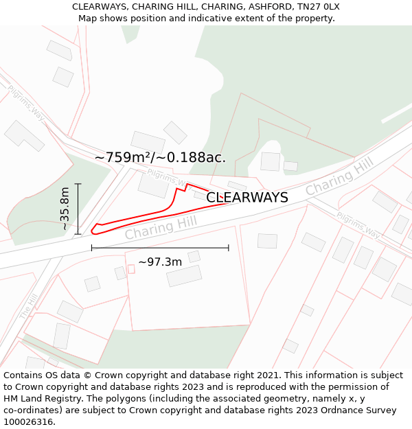 CLEARWAYS, CHARING HILL, CHARING, ASHFORD, TN27 0LX: Plot and title map