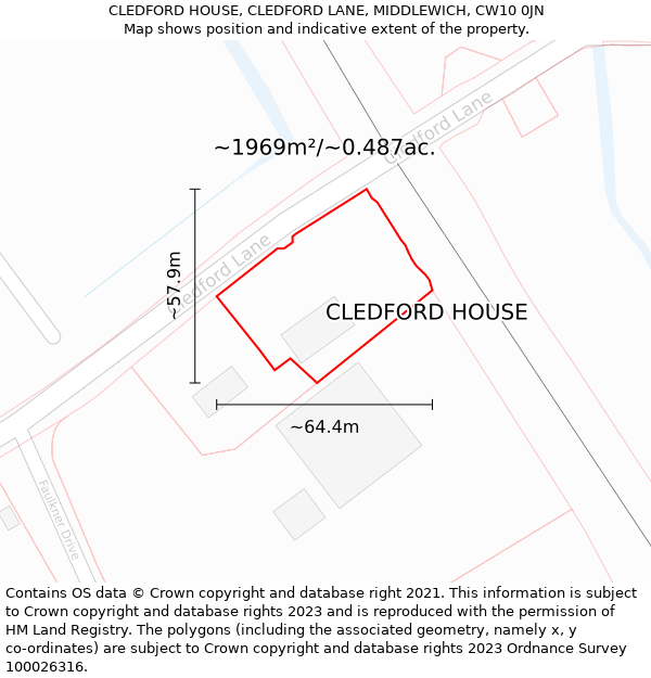 CLEDFORD HOUSE, CLEDFORD LANE, MIDDLEWICH, CW10 0JN: Plot and title map