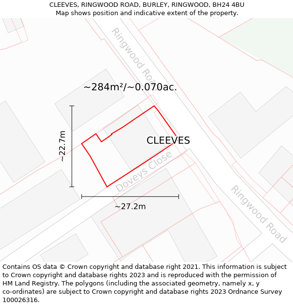 CLEEVES, RINGWOOD ROAD, BURLEY, RINGWOOD, BH24 4BU: Plot and title map