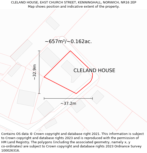CLELAND HOUSE, EAST CHURCH STREET, KENNINGHALL, NORWICH, NR16 2EP: Plot and title map