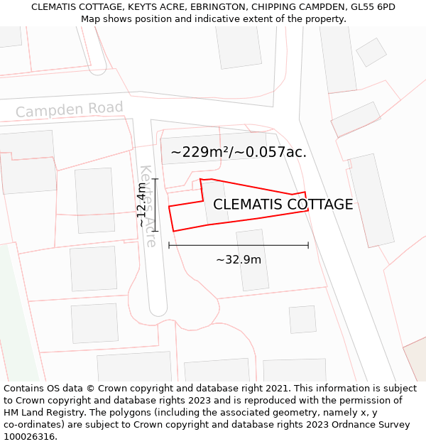 CLEMATIS COTTAGE, KEYTS ACRE, EBRINGTON, CHIPPING CAMPDEN, GL55 6PD: Plot and title map