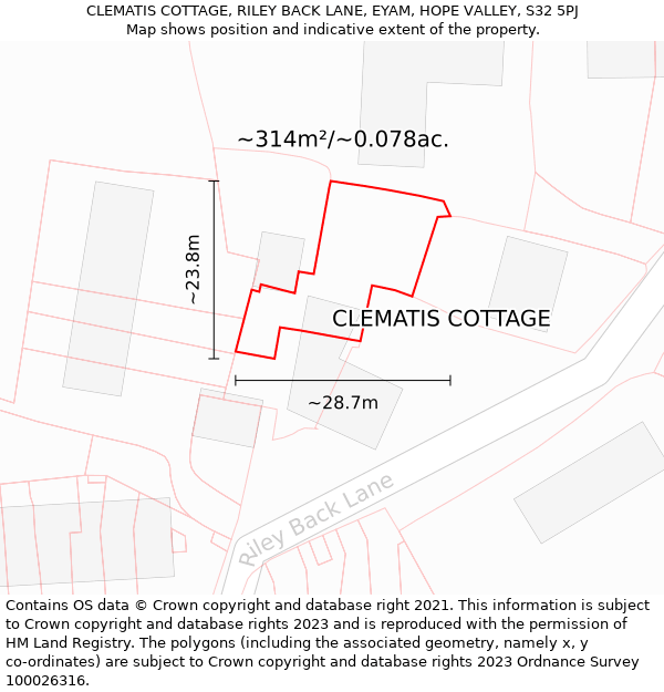 CLEMATIS COTTAGE, RILEY BACK LANE, EYAM, HOPE VALLEY, S32 5PJ: Plot and title map