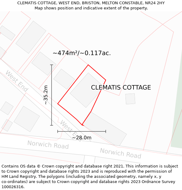 CLEMATIS COTTAGE, WEST END, BRISTON, MELTON CONSTABLE, NR24 2HY: Plot and title map