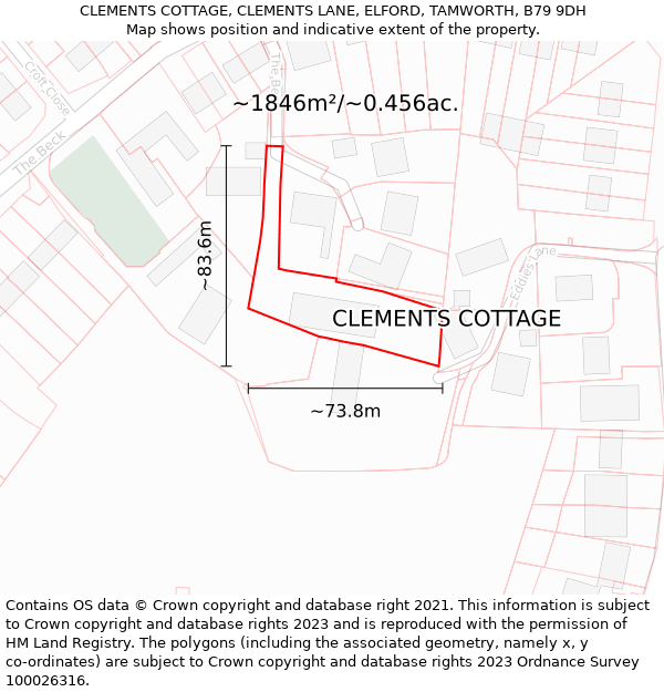 CLEMENTS COTTAGE, CLEMENTS LANE, ELFORD, TAMWORTH, B79 9DH: Plot and title map