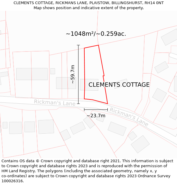 CLEMENTS COTTAGE, RICKMANS LANE, PLAISTOW, BILLINGSHURST, RH14 0NT: Plot and title map