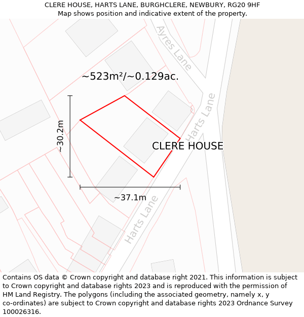 CLERE HOUSE, HARTS LANE, BURGHCLERE, NEWBURY, RG20 9HF: Plot and title map