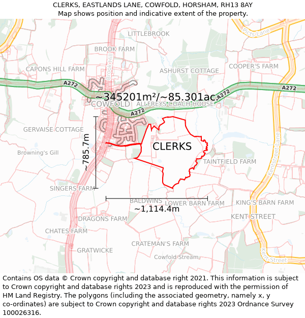 CLERKS, EASTLANDS LANE, COWFOLD, HORSHAM, RH13 8AY: Plot and title map