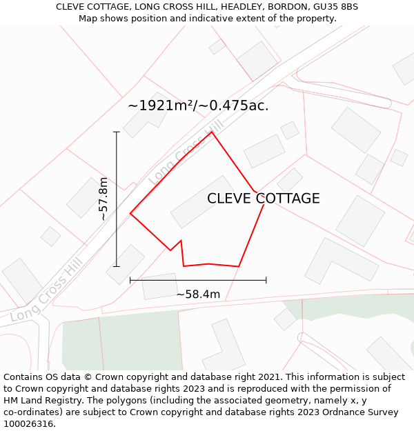 CLEVE COTTAGE, LONG CROSS HILL, HEADLEY, BORDON, GU35 8BS: Plot and title map