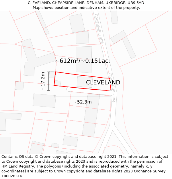 CLEVELAND, CHEAPSIDE LANE, DENHAM, UXBRIDGE, UB9 5AD: Plot and title map