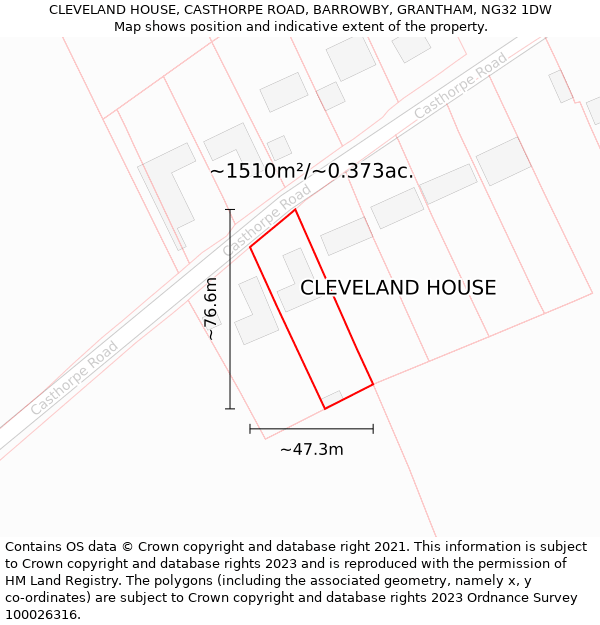 CLEVELAND HOUSE, CASTHORPE ROAD, BARROWBY, GRANTHAM, NG32 1DW: Plot and title map
