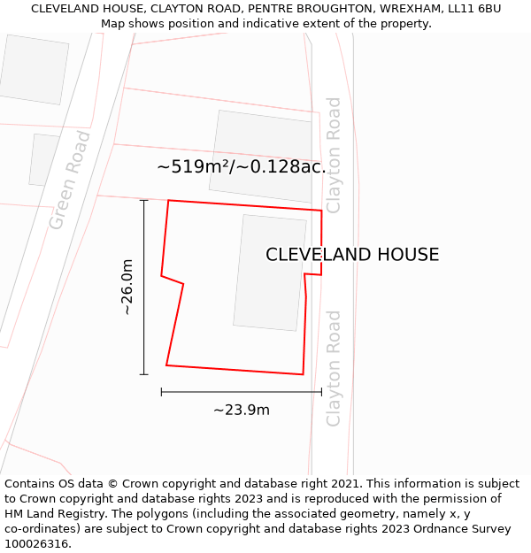 CLEVELAND HOUSE, CLAYTON ROAD, PENTRE BROUGHTON, WREXHAM, LL11 6BU: Plot and title map