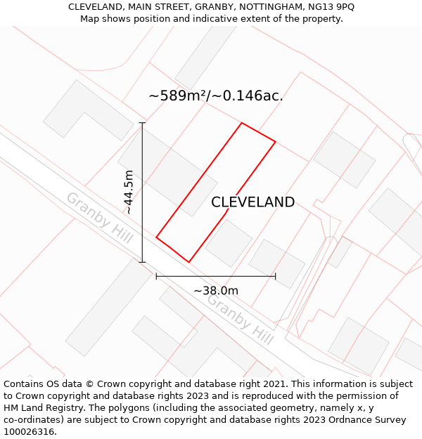 CLEVELAND, MAIN STREET, GRANBY, NOTTINGHAM, NG13 9PQ: Plot and title map