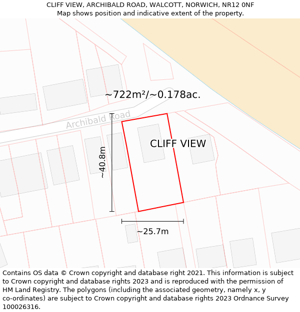 CLIFF VIEW, ARCHIBALD ROAD, WALCOTT, NORWICH, NR12 0NF: Plot and title map