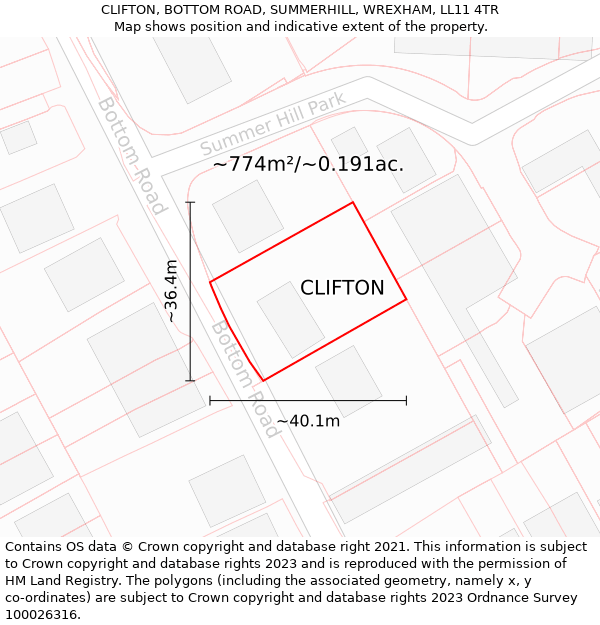 CLIFTON, BOTTOM ROAD, SUMMERHILL, WREXHAM, LL11 4TR: Plot and title map