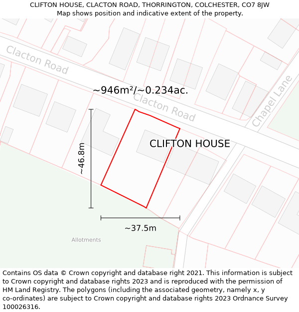 CLIFTON HOUSE, CLACTON ROAD, THORRINGTON, COLCHESTER, CO7 8JW: Plot and title map