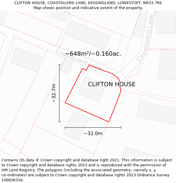 CLIFTON HOUSE, COASTGUARD LANE, KESSINGLAND, LOWESTOFT, NR33 7RE: Plot and title map
