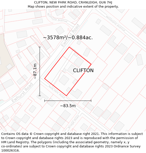 CLIFTON, NEW PARK ROAD, CRANLEIGH, GU6 7HJ: Plot and title map