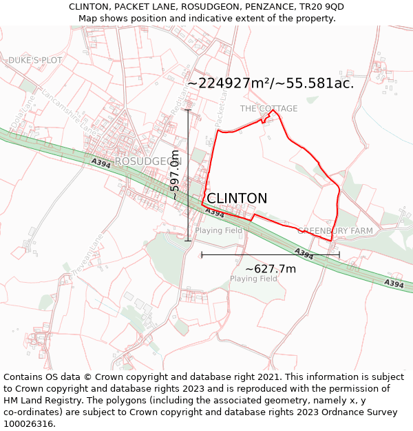 CLINTON, PACKET LANE, ROSUDGEON, PENZANCE, TR20 9QD: Plot and title map