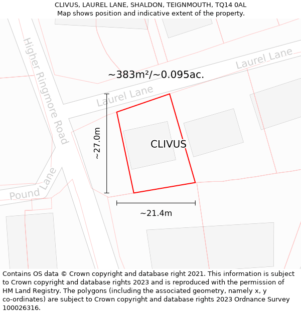 CLIVUS, LAUREL LANE, SHALDON, TEIGNMOUTH, TQ14 0AL: Plot and title map