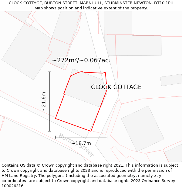 CLOCK COTTAGE, BURTON STREET, MARNHULL, STURMINSTER NEWTON, DT10 1PH: Plot and title map