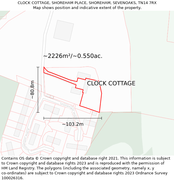 CLOCK COTTAGE, SHOREHAM PLACE, SHOREHAM, SEVENOAKS, TN14 7RX: Plot and title map