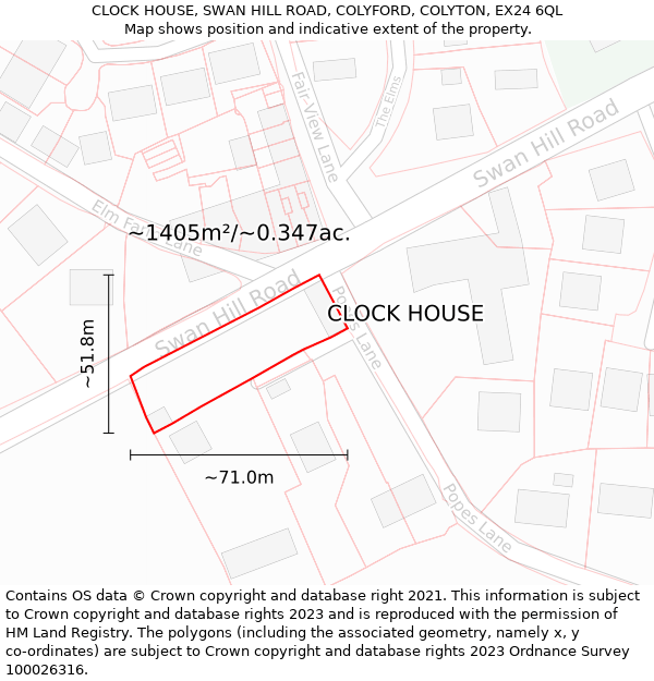 CLOCK HOUSE, SWAN HILL ROAD, COLYFORD, COLYTON, EX24 6QL: Plot and title map