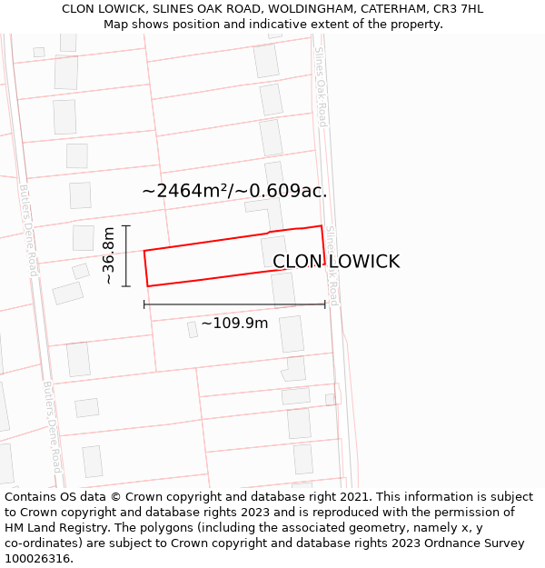 CLON LOWICK, SLINES OAK ROAD, WOLDINGHAM, CATERHAM, CR3 7HL: Plot and title map