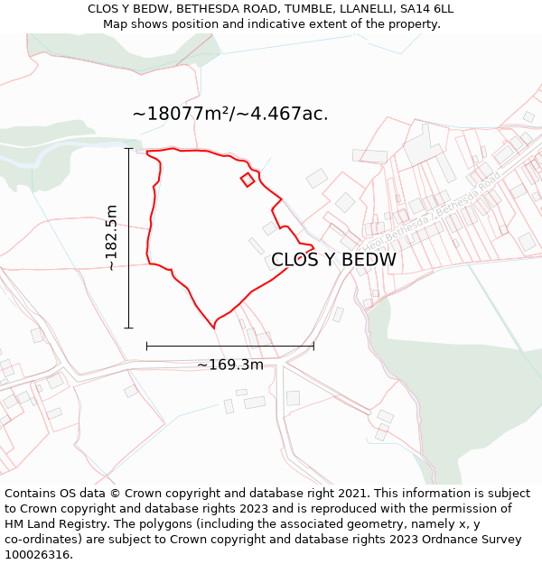 CLOS Y BEDW, BETHESDA ROAD, TUMBLE, LLANELLI, SA14 6LL: Plot and title map