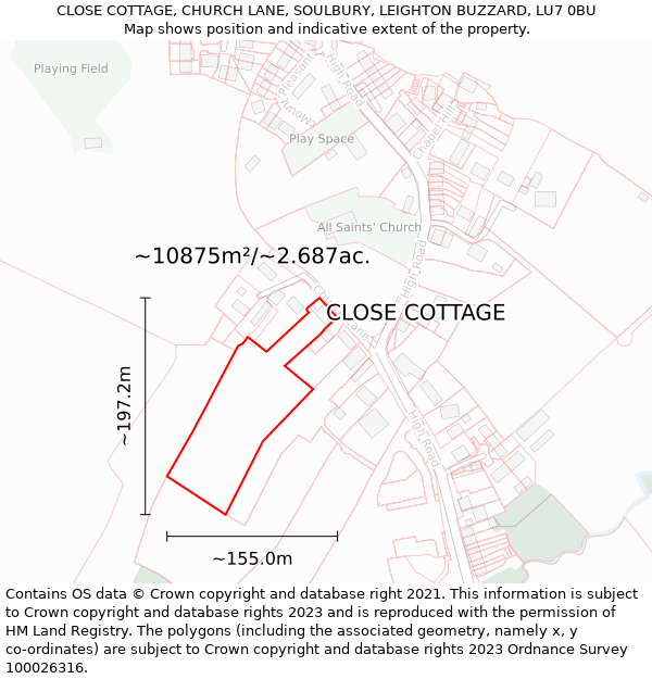 CLOSE COTTAGE, CHURCH LANE, SOULBURY, LEIGHTON BUZZARD, LU7 0BU: Plot and title map