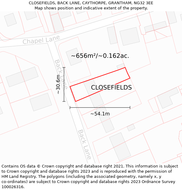 CLOSEFIELDS, BACK LANE, CAYTHORPE, GRANTHAM, NG32 3EE: Plot and title map