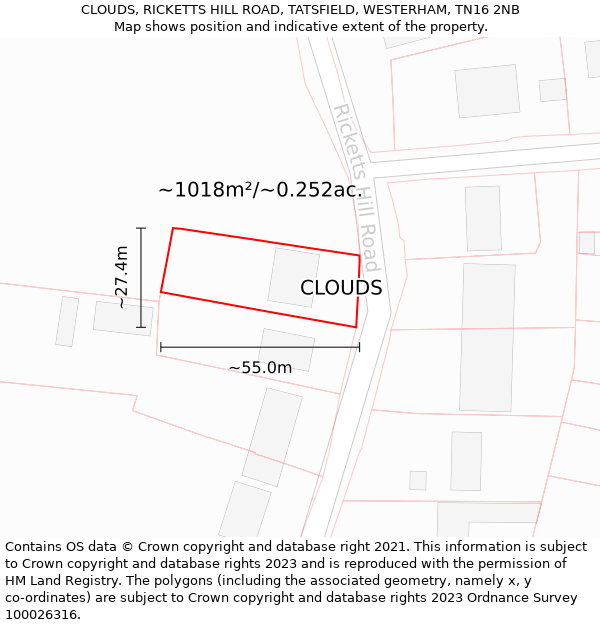 CLOUDS, RICKETTS HILL ROAD, TATSFIELD, WESTERHAM, TN16 2NB: Plot and title map