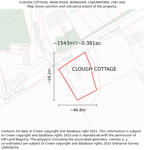 CLOUGH COTTAGE, MAIN ROAD, BOREHAM, CHELMSFORD, CM3 3AG: Plot and title map