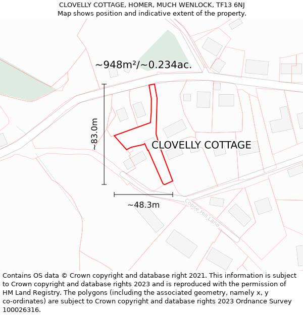 CLOVELLY COTTAGE, HOMER, MUCH WENLOCK, TF13 6NJ: Plot and title map