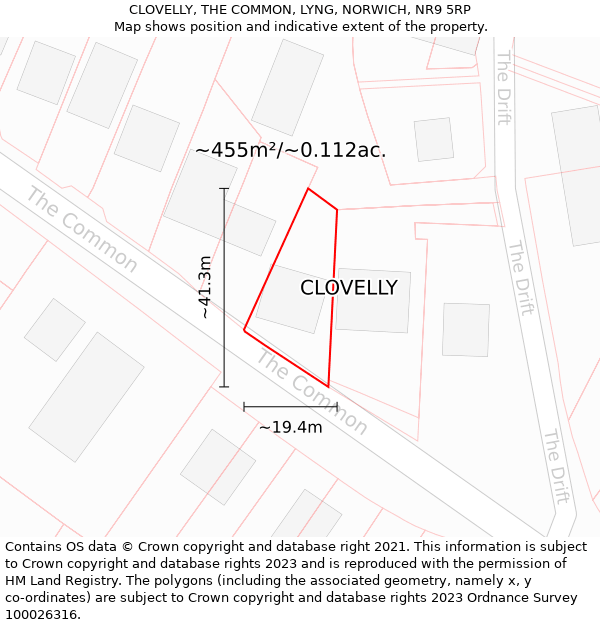 CLOVELLY, THE COMMON, LYNG, NORWICH, NR9 5RP: Plot and title map