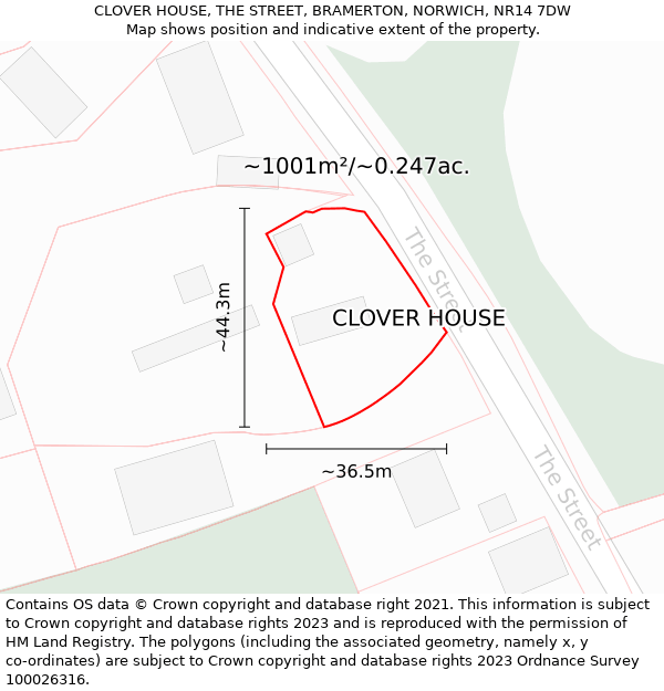 CLOVER HOUSE, THE STREET, BRAMERTON, NORWICH, NR14 7DW: Plot and title map