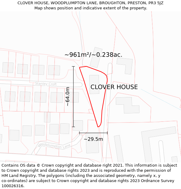 CLOVER HOUSE, WOODPLUMPTON LANE, BROUGHTON, PRESTON, PR3 5JZ: Plot and title map