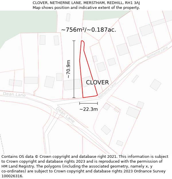 CLOVER, NETHERNE LANE, MERSTHAM, REDHILL, RH1 3AJ: Plot and title map