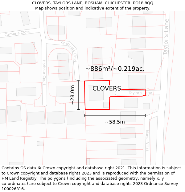 CLOVERS, TAYLORS LANE, BOSHAM, CHICHESTER, PO18 8QQ: Plot and title map